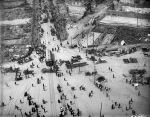 Market Street in San Francisco showing the buildings round the street reduced to rubble
